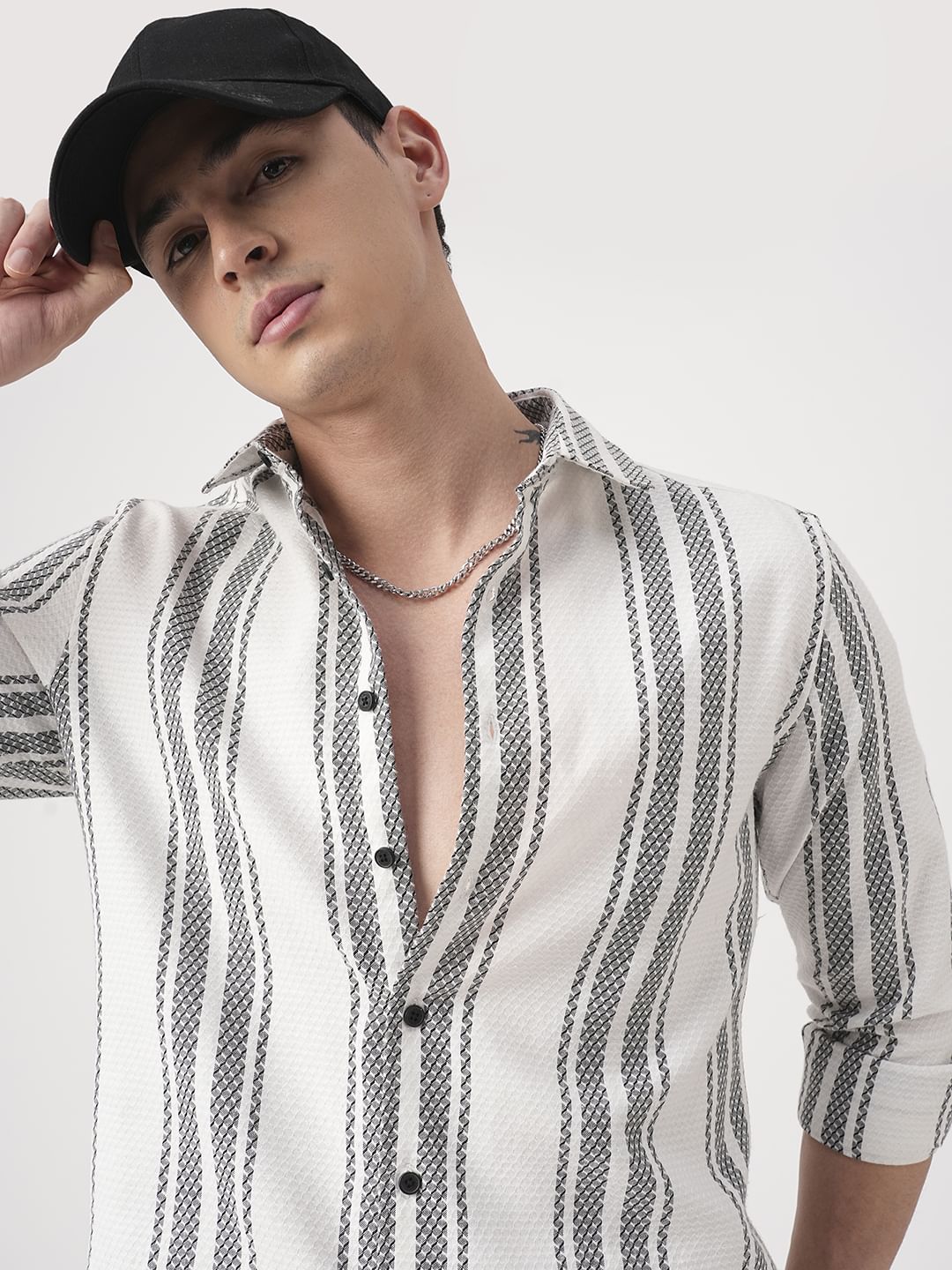 White & Black Twisted Striped Dobby Shirt