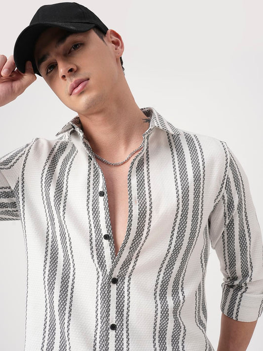 White & Black Twisted Striped Dobby Shirt