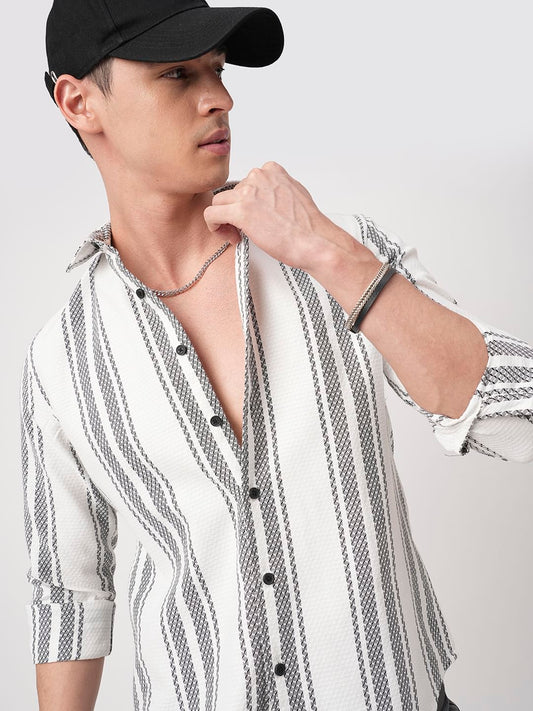 White & Black Twisted Striped Dobby Shirt