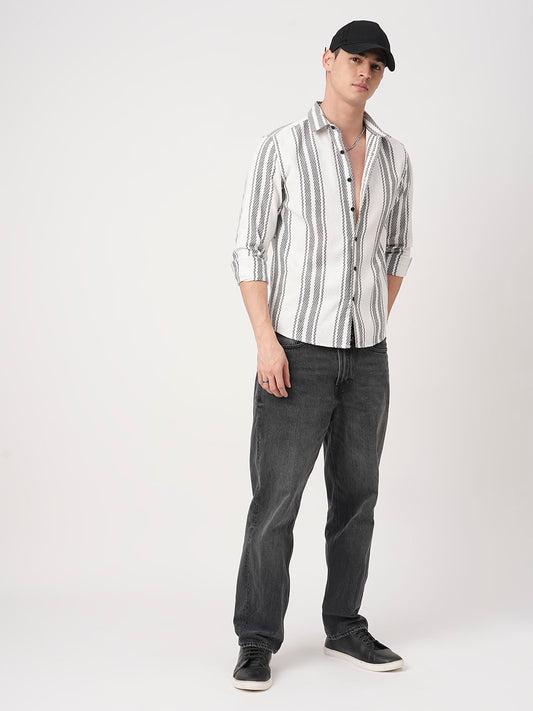 White & Black Twisted Striped Dobby Shirt