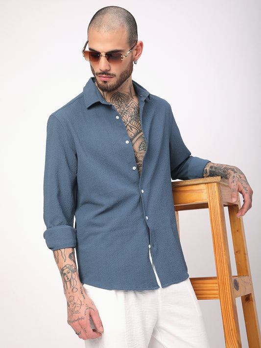 Elegant Prussian Blue Creased Shirt