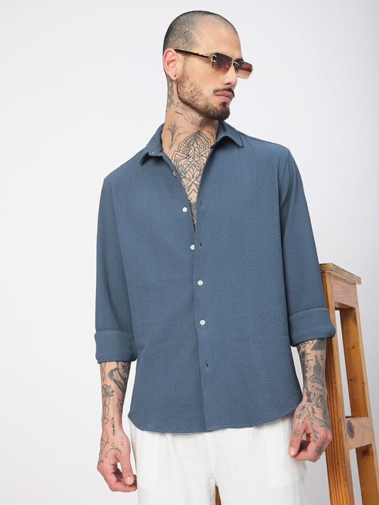 Elegant Prussian Blue Creased Shirt