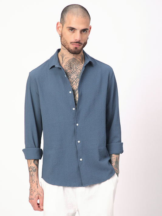 Elegant Prussian Blue Creased Shirt