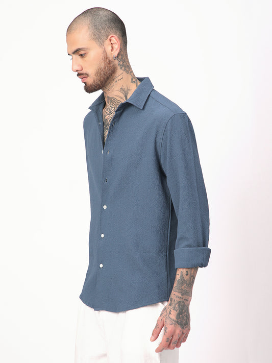 Elegant Prussian Blue Creased Shirt