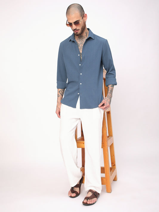 Elegant Prussian Blue Creased Shirt