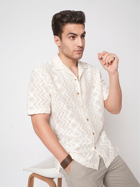 Beige Crochet Notch Collar Oversized Shirt