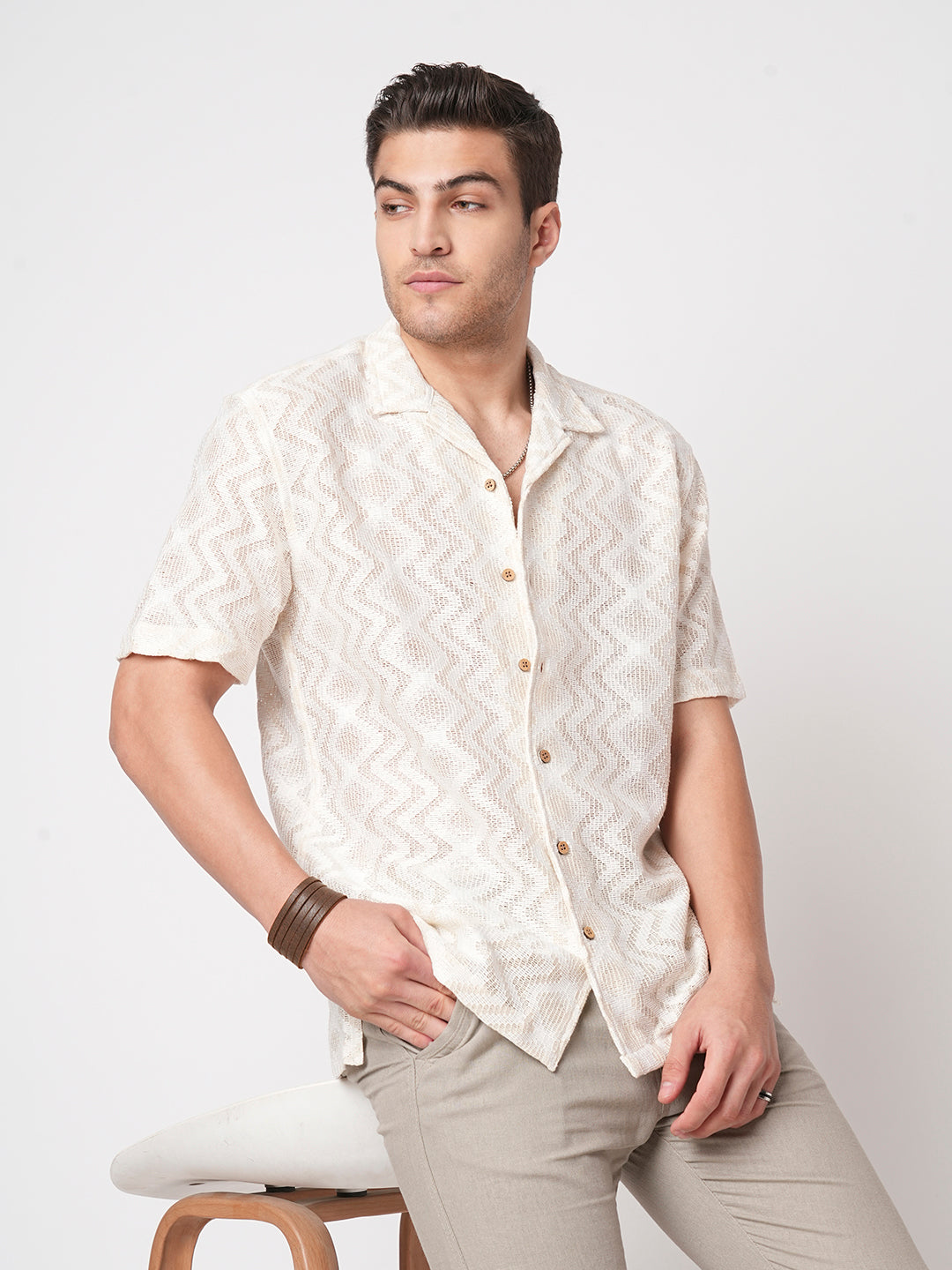 Beige Crochet Notch Collar Oversized Shirt