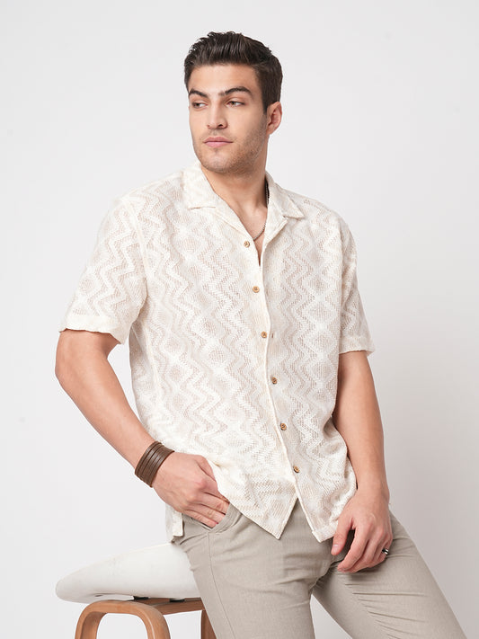 Beige Crochet Notch Collar Oversized Shirt