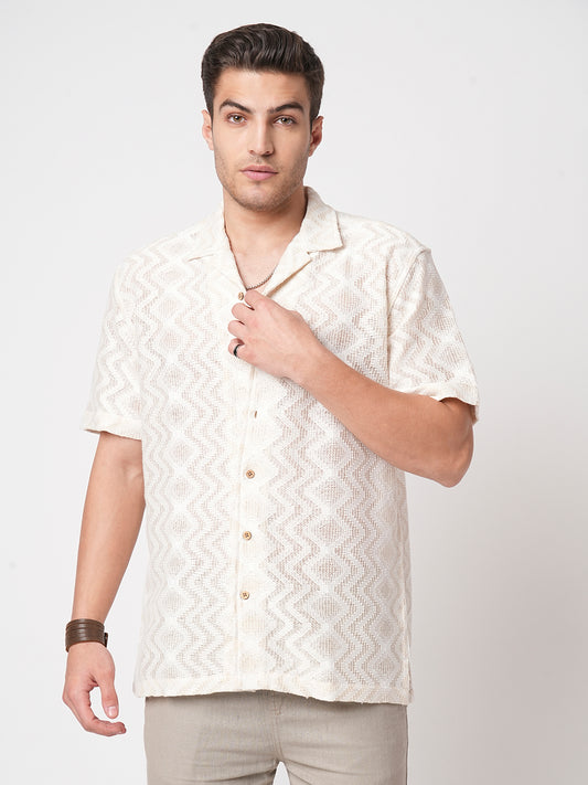 Beige Crochet Notch Collar Oversized Shirt