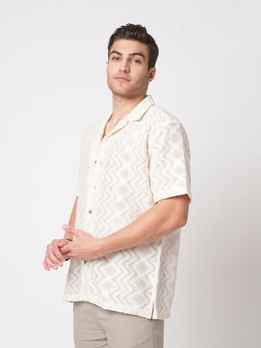 Beige Crochet Notch Collar Oversized Shirt
