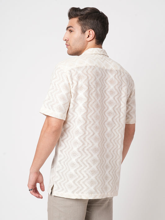 Beige Crochet Notch Collar Oversized Shirt