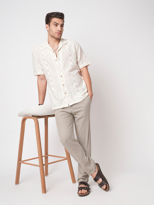 Beige Crochet Notch Collar Oversized Shirt