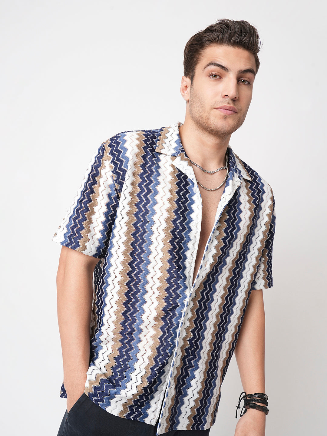 Multicolour Chevron Stripes Crochet Oversized Shirt