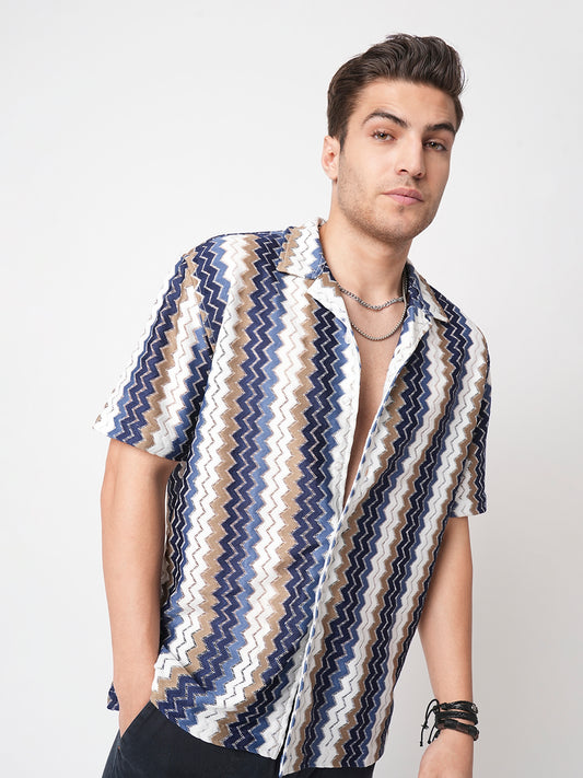 Multicolour Chevron Stripes Crochet Oversized Shirt