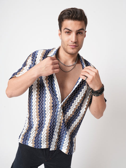 Multicolour Chevron Stripes Crochet Oversized Shirt