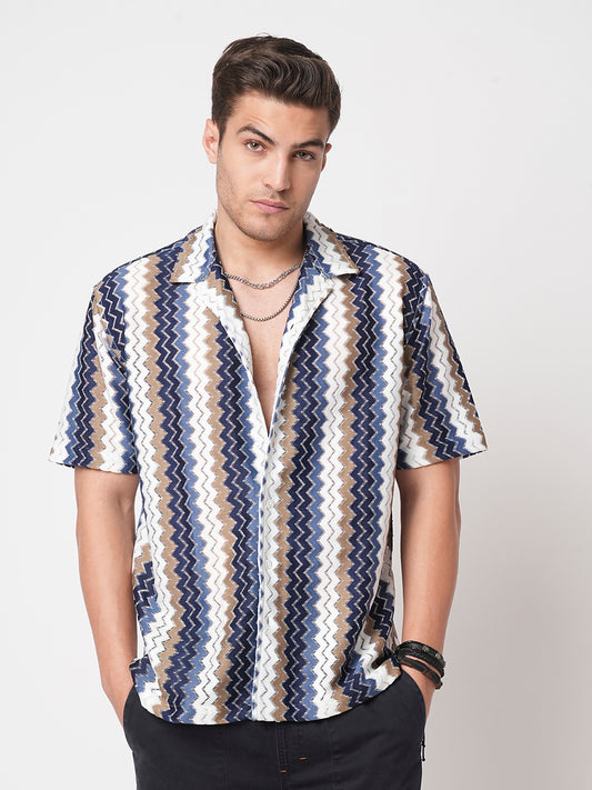 Multicolour Chevron Stripes Crochet Oversized Shirt