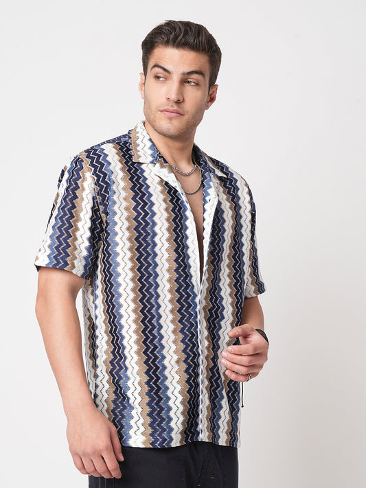 Multicolour Chevron Stripes Crochet Oversized Shirt