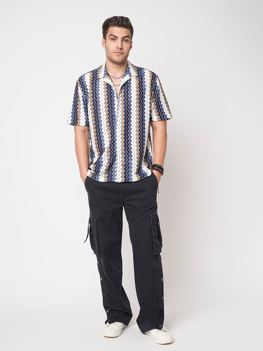 Multicolour Chevron Stripes Crochet Oversized Shirt