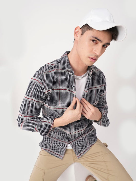 Panache Textured Mini Checks Navy Shirt