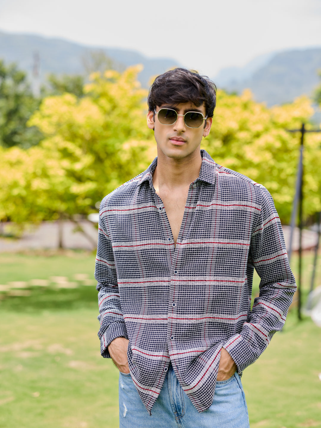 Panache Textured Mini Checks Navy Shirt