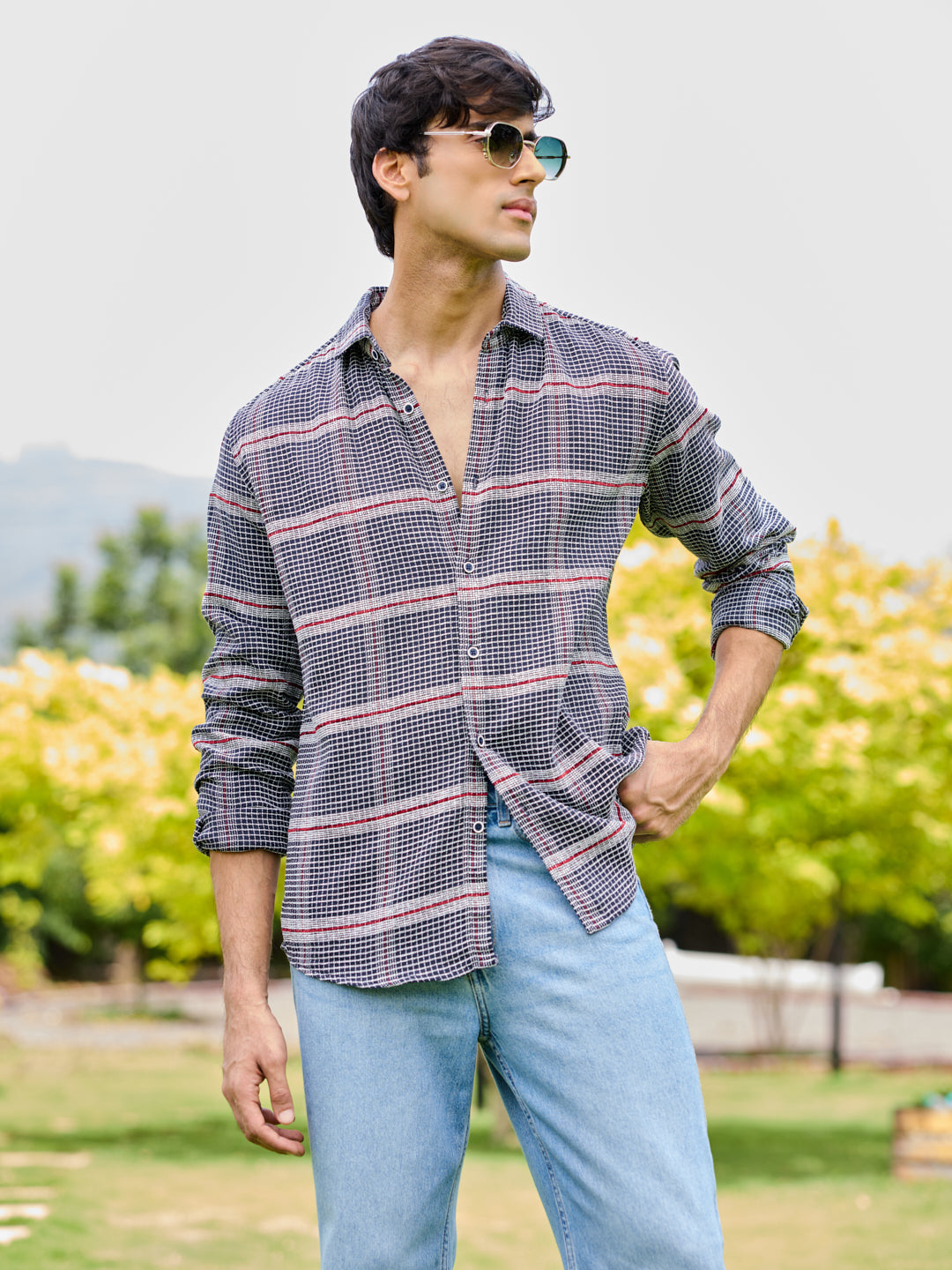 Panache Textured Mini Checks Navy Shirt