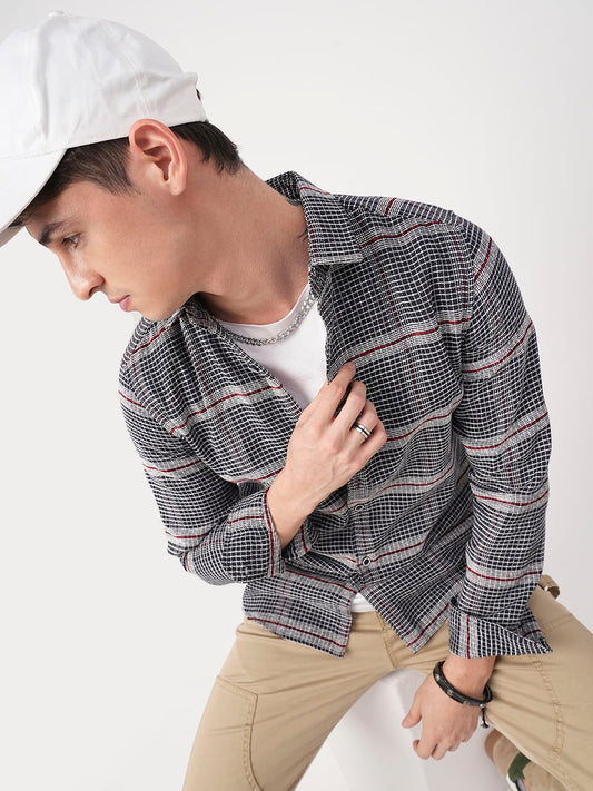 Panache Textured Mini Checks Navy Shirt