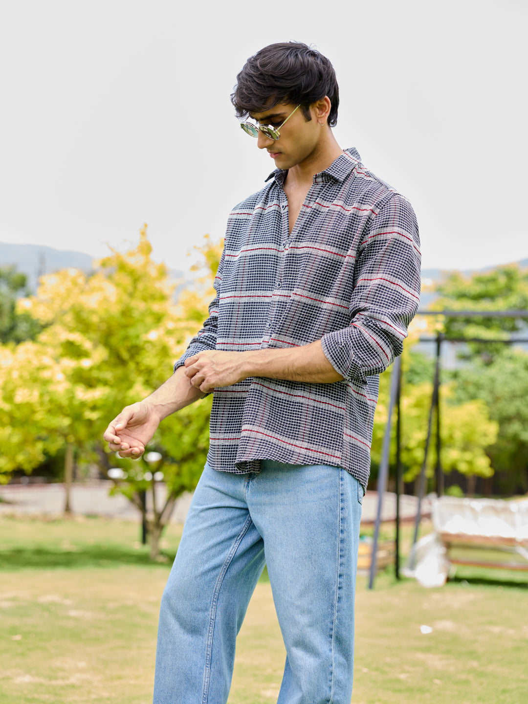 Panache Textured Mini Checks Navy Shirt