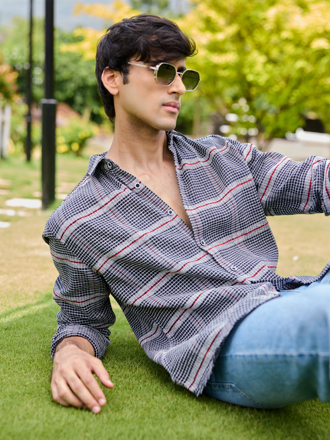 Panache Textured Mini Checks Navy Shirt