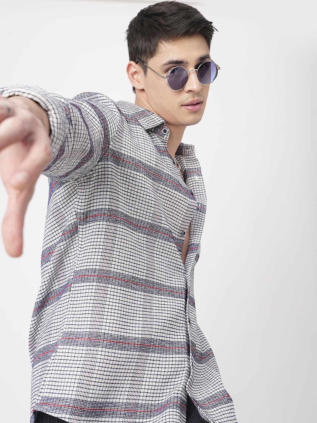Panache White & Navy Textured Mini Checks Shirt
