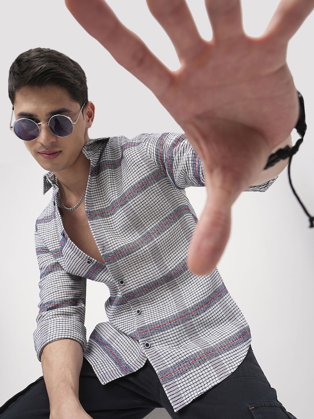 Panache White & Navy Textured Mini Checks Shirt