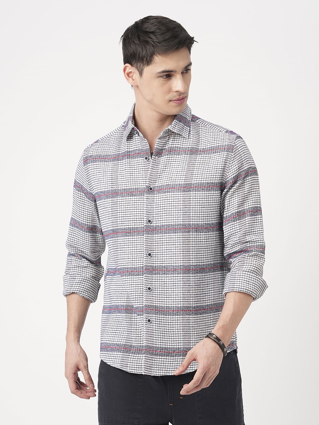 Panache White & Navy Textured Mini Checks Shirt