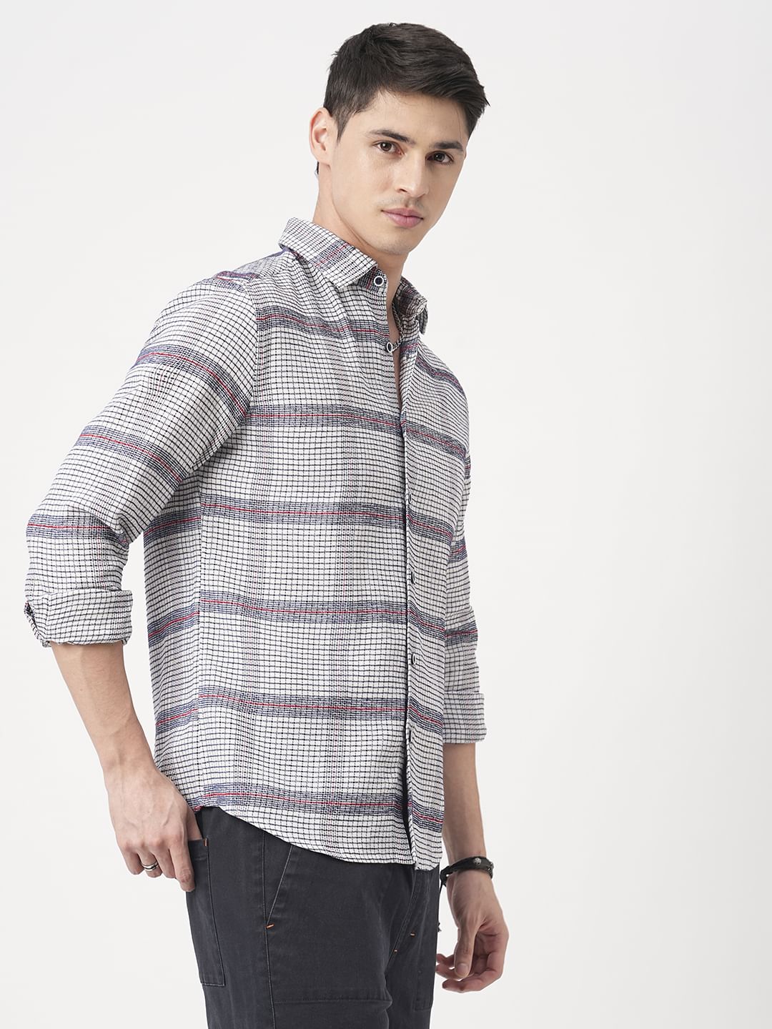 Panache White & Navy Textured Mini Checks Shirt