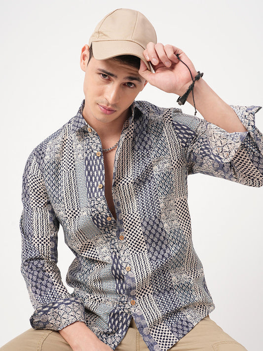 Navy Blue Kalamkari Printed Shirt