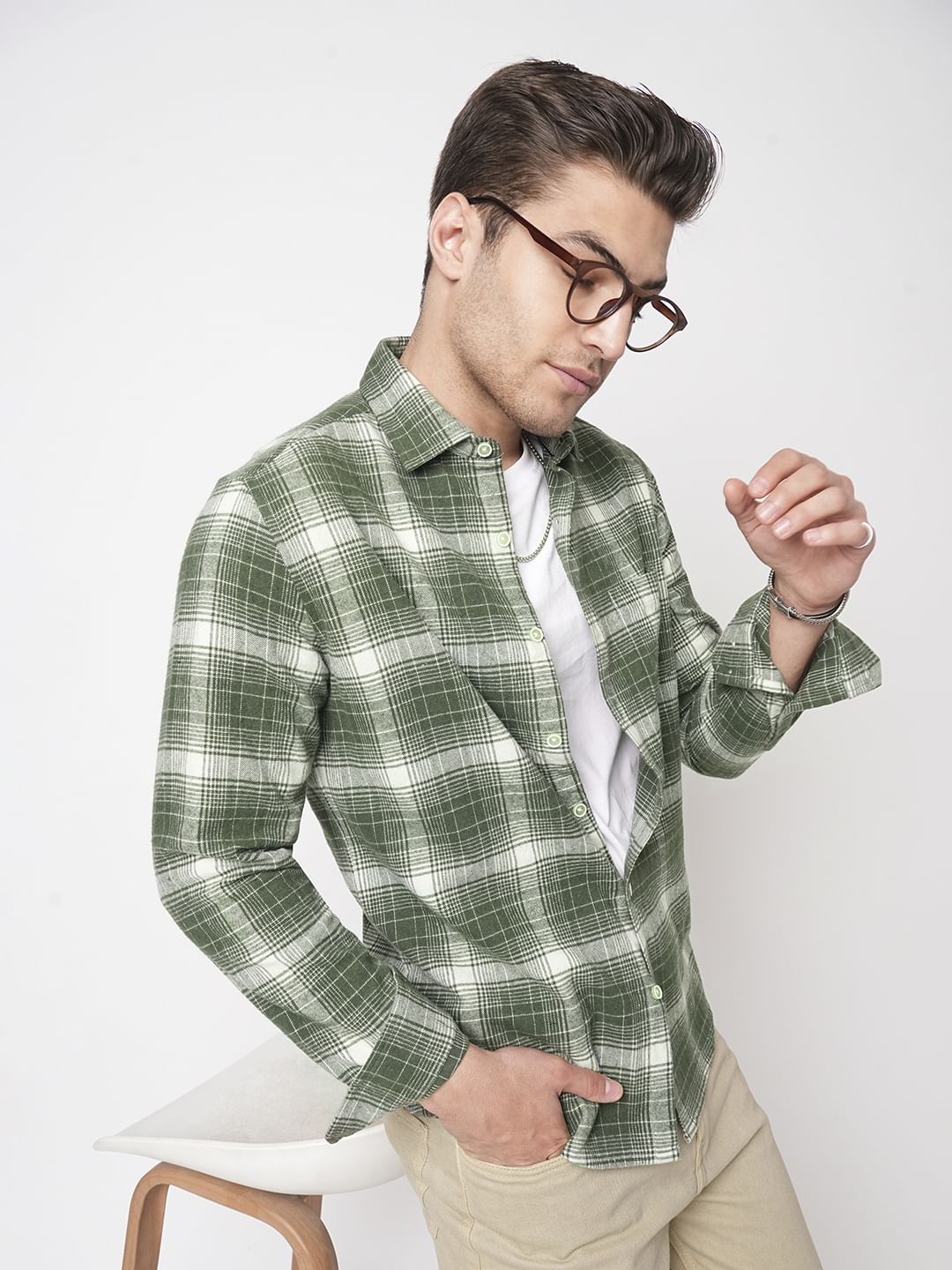 Olive & White Flannel Plaid Checkered Shirt