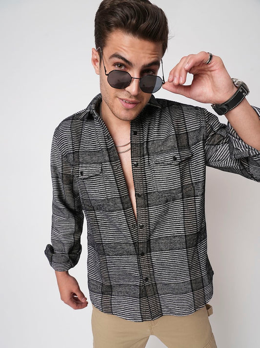 Monochrome Horizontal Stripes Double Flap Pocket Shirt