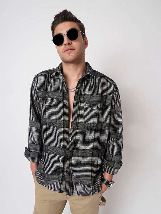 Monochrome Horizontal Stripes Double Flap Pocket Shirt