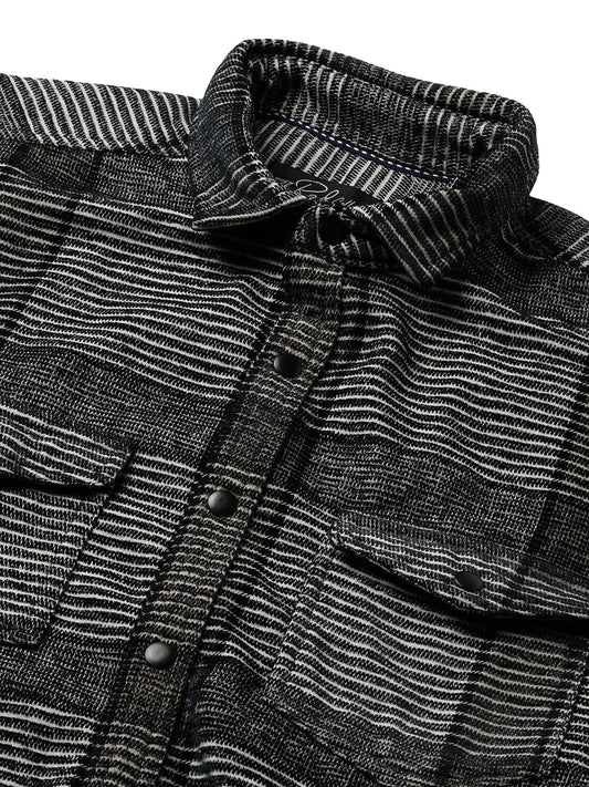 Monochrome Horizontal Stripes Double Flap Pocket Shirt