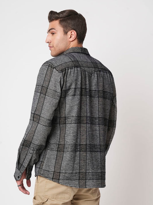 Monochrome Horizontal Stripes Double Flap Pocket Shirt