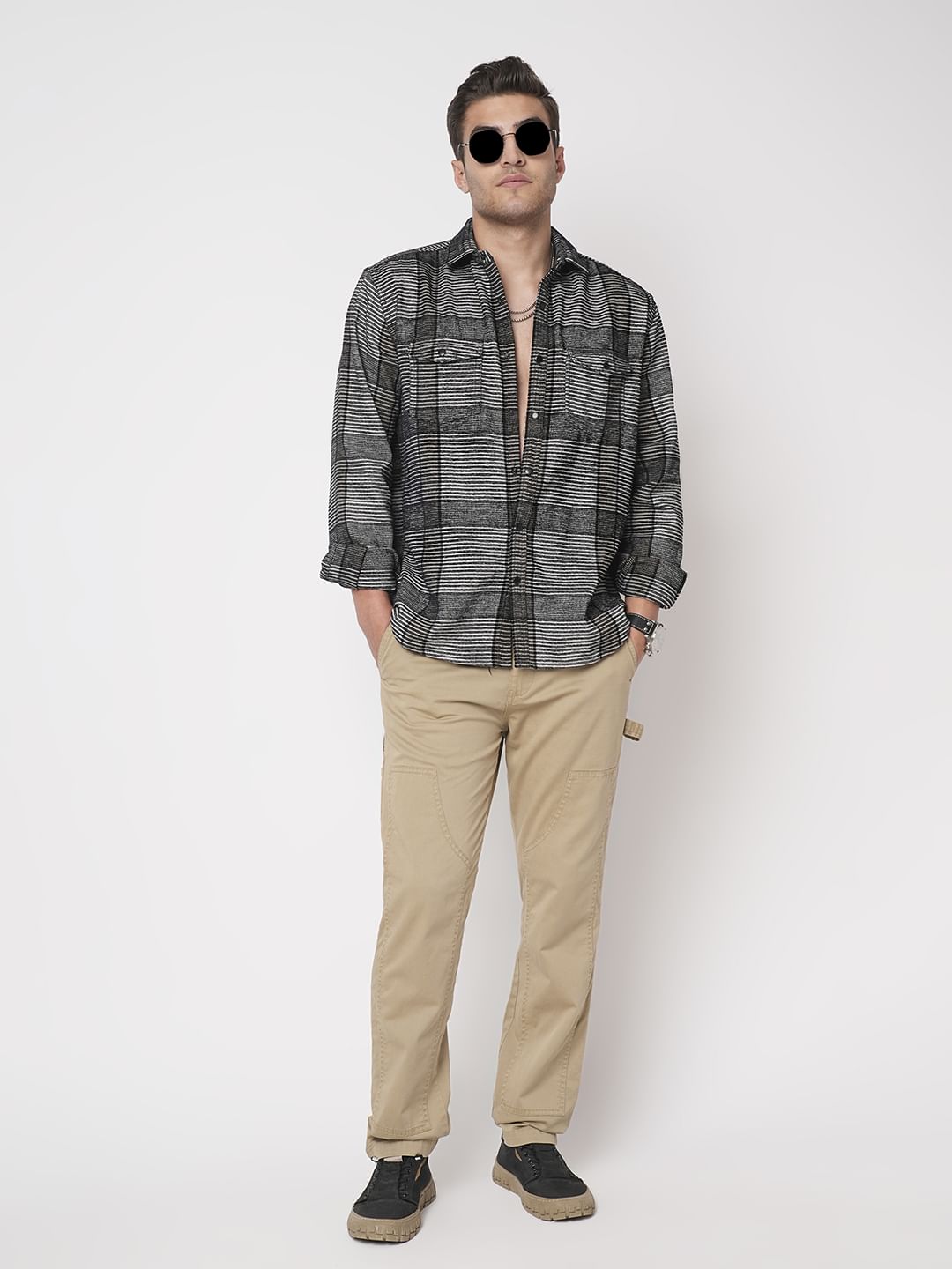 Monochrome Horizontal Stripes Double Flap Pocket Shirt