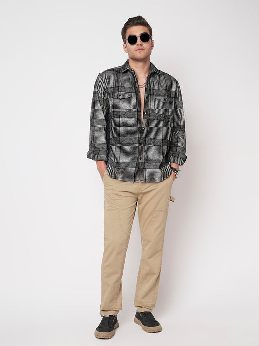 Monochrome Horizontal Stripes Double Flap Pocket Shirt