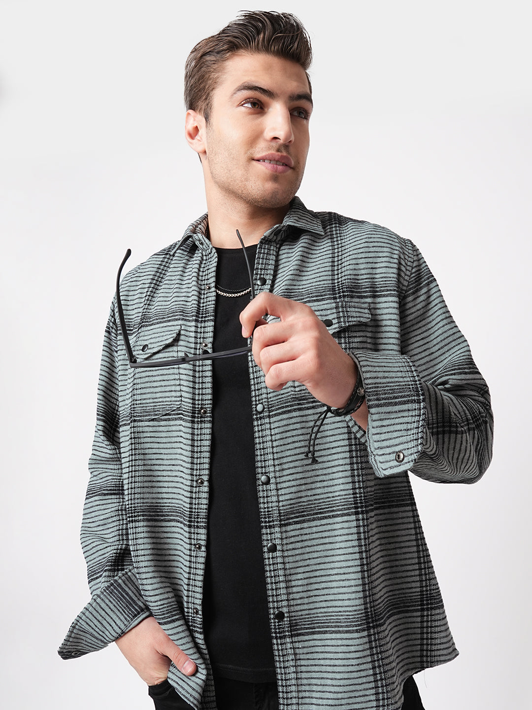 Fossil Grey Checked Double Flap Pocket Textured Overshirt