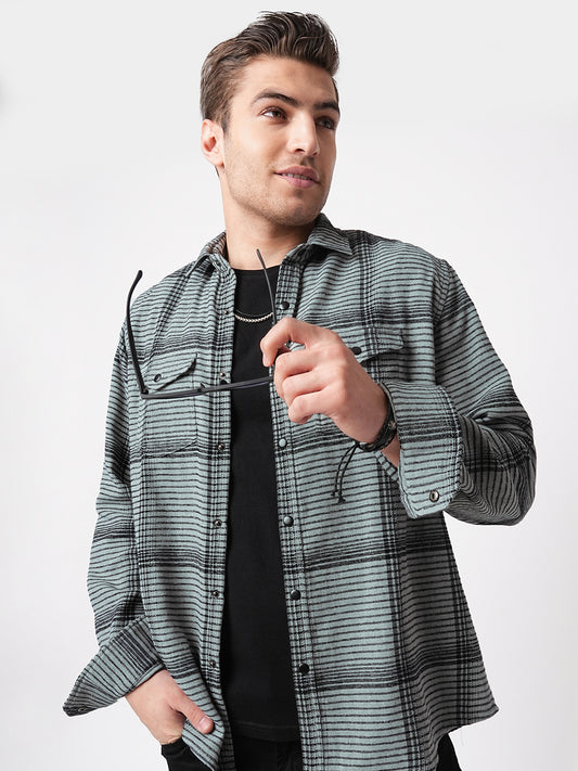 Fossil Grey Checked Double Flap Pocket Textured Overshirt