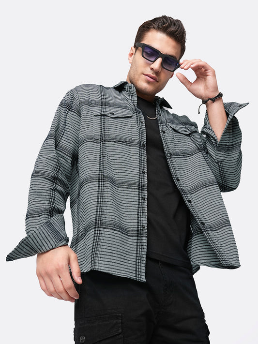 Fossil Grey Checked Double Flap Pocket Textured Overshirt