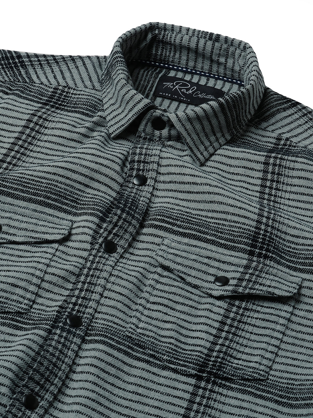 Fossil Grey Checked Double Flap Pocket Textured Overshirt