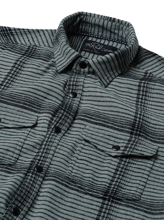 Fossil Grey Checked Double Flap Pocket Textured Overshirt