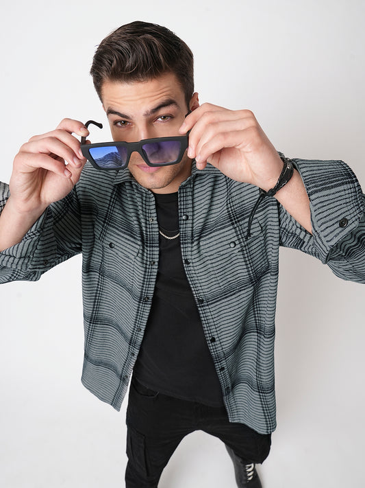 Fossil Grey Checked Double Flap Pocket Textured Overshirt