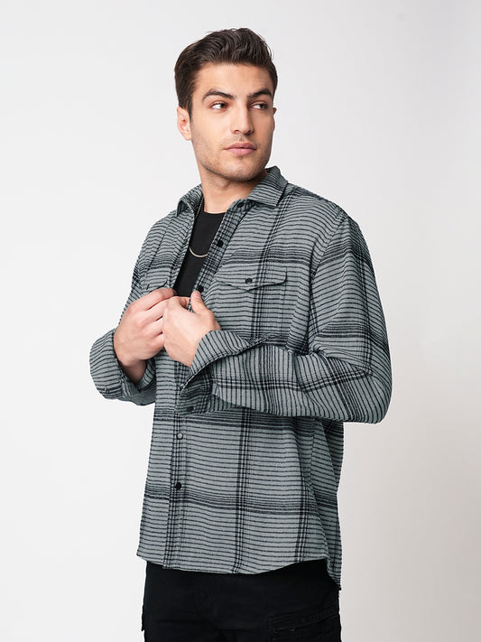Fossil Grey Checked Double Flap Pocket Textured Overshirt
