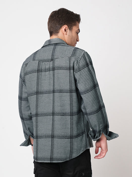 Fossil Grey Checked Double Flap Pocket Textured Overshirt