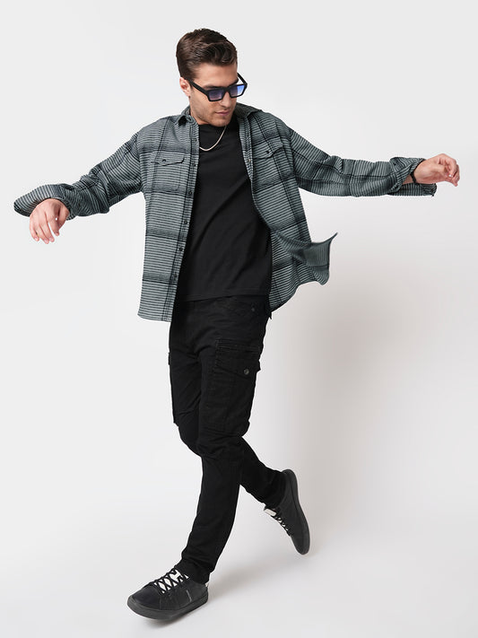Fossil Grey Checked Double Flap Pocket Textured Overshirt