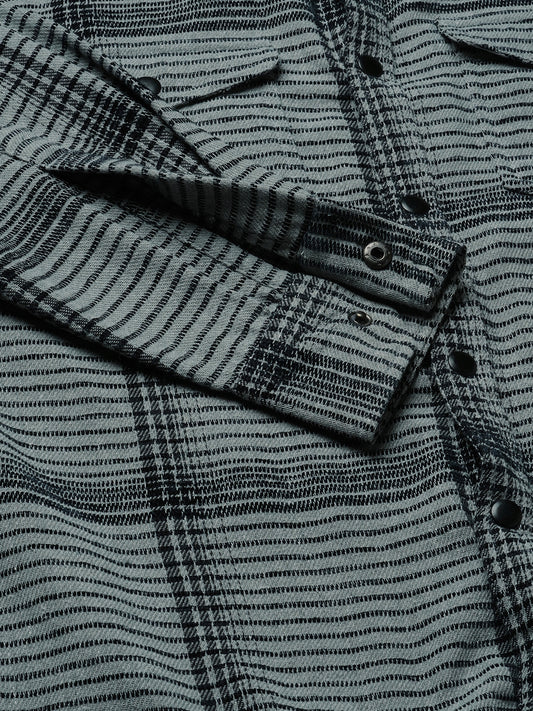 Fossil Grey Checked Double Flap Pocket Textured Overshirt